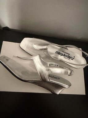 Magderians Silver Slingback Wedge Mules for Women
